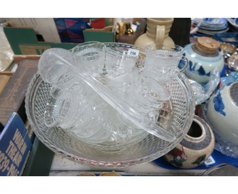 A Pressed Glass Punch Set, comprising eighteen cups, two bowls, and plastic ladle.