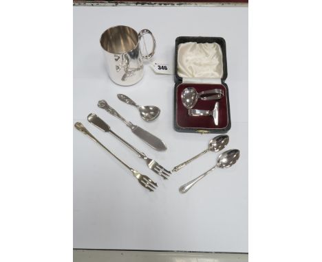 A Hallmarked Silver Baby's Pusher and Spoon, EV, Sheffield 1957, in original fitted case; Together with A Christening Mug, 19