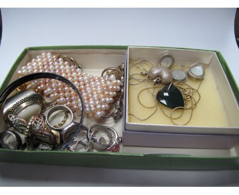A Modern Pearl Bead Bracelet, of wide peach coloured design, polished hardstone and other heart pendants, dress rings, etc.