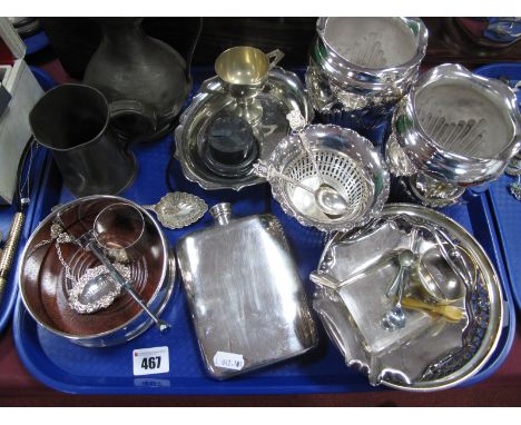 A Hallmarked Silver Napkin Ring, James Dixon hip flask, bottle coaster, XIX Century pewter jug and mug, pair of vases, etc:- 