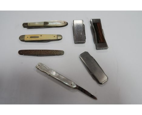 Decorative Mother of Pearl Folding Knife, with shaped scales; together with a hallmarked silver and mother of pearl single bl