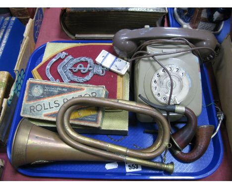 An Anvil Telephone 746F DFM 73/1, bugle, smokers pipes, razor, trade cards, etc:- One Tray
