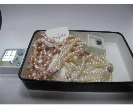 A Long Single Strand Modern Fresh Water Pearl Bead Necklace, with polished spacers; together with another fresh water pearl n