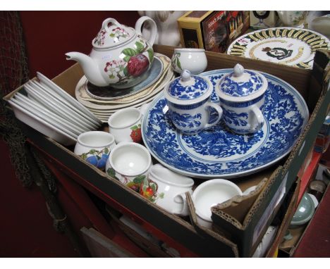 A Portmeirion 'Pomona' Teapot, six matching teacups, side plates and 18.5cm diameter dished plates, a late XX Century blue an