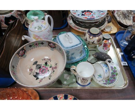 Shelly 'Columbine' Coffee Pot, (finial crack) Losol 'June' butter dish, pool seal, other ceramics:- One Tray