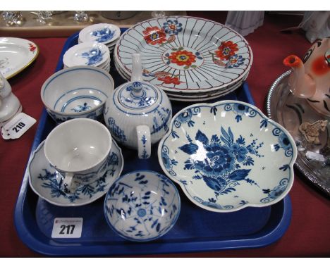 Three XVIII Century Tin Glazed Plates, nine Royal Copenhagen miniature pin trays, blue and white teapot, tea bowls, Delft dis