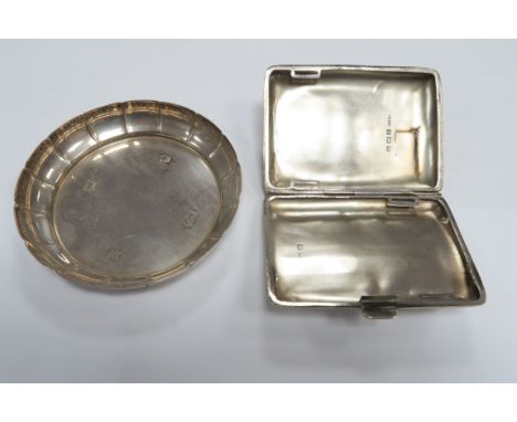 A Hallmarked Silver Cigarette Case, engine turned striped decoration; together with a hallmarked silver dish, bearing feature