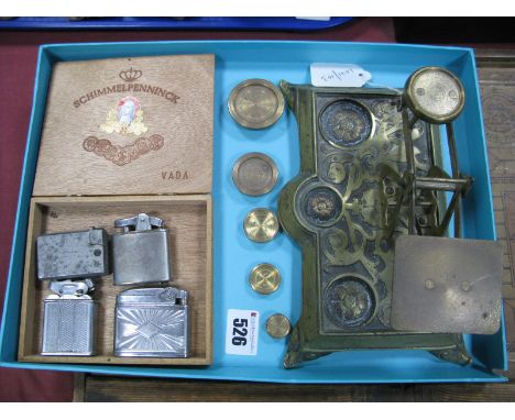 Brass Postal Scales, complete with weights; together with Mosda, Ronson and other lighters.