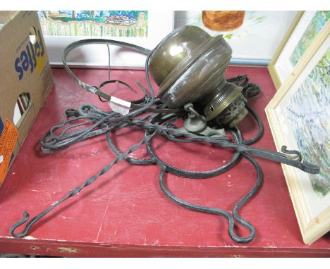 A Brass Hanging Lamp, converted to electricity with iron supports.