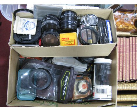 A Quantity of Camera Accessories, including lens filters, lens bellows, slide copier, light meter, flash gun, tripod ball hea