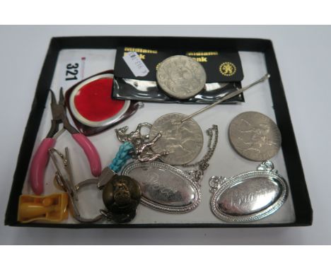 Commemorative Coins, decanter labels, horse keyring, etc.
