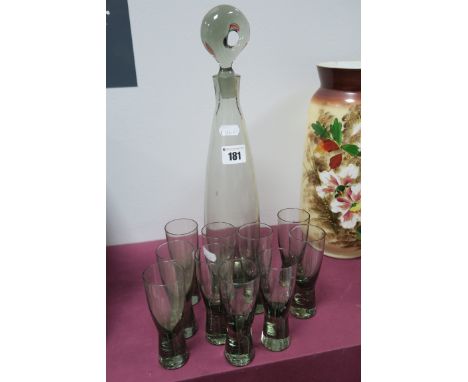 A 1950's Per Lutken for Holmegaard Blown Glass 'Aristokrat' Decanter, in smoky grey; together with ten 'Canada' glasses. 