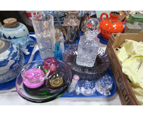 A Crackle Glass Vase, lead crystal whisky decanter, studio glass, taperstick holders, studio glass dishes, figures, etc:- One