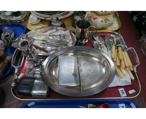 Old Sheffield Plate Decorative Candlestick, fish knives and forks, "Whyte & Mackay Scotch Whisky" hip flask, cigarette case, 