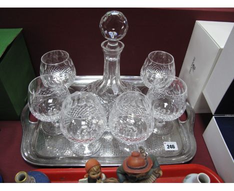 Waterford Glass Ships Decanter, having faceted stopper; together with six "Colleen" brandy glasses on hexagonal stems.