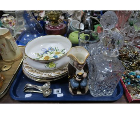 Derbyshire Area N.U.M, strike 1984-5 miners plates, ice bucket, toby jug, moulded glass decanters, etc:- One Tray.