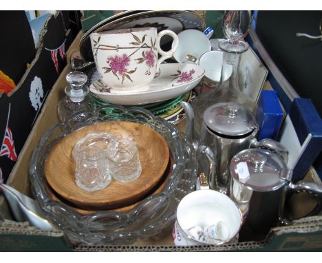 A Spode Millennium Achievements Plate, green leaf plates, breakfast cup and saucer, commemorative ware, decanter,etc:- One Bo