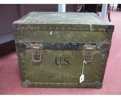 A U.S Army Box, metal bound and studded, with leather carry handles, fall down inner compartment to lid, bearing oval label J