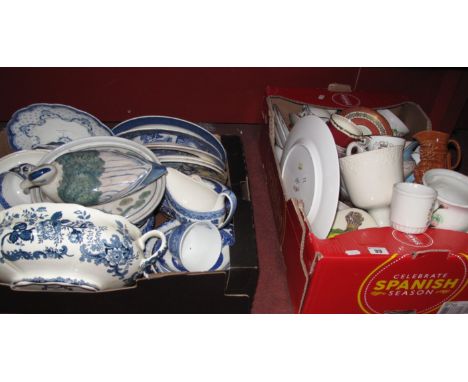 Willow Pattern Plates, other blue and white china, together with leather box of mixed china, etc:- Two Boxes. 