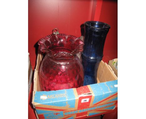 XIX Century Cranberry Glass Oil Lamp Glass shade, blue glass ceiling light with crackle decoration, other glass light fitting