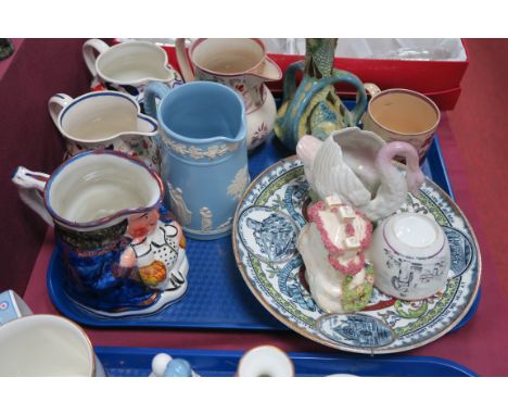A XIX Century Sunderland Lustre Ware Mug, with transfer print of sailing boats, XIX Century Gaudy Welsh jug, etc:- One Tray