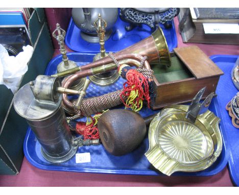 XIX Century Brass Pewter Enema Instrument, brass ashtray and with glass liner, copper brass bugle, offering box