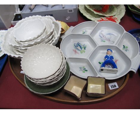 A Large White Spode Leaf Moulded Bowl, four medium bowls and two small bowls similar, Six Branksome Pottery dessert bowls and