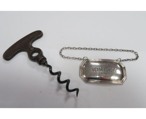 A Lund Lever Corkscrew, (lacking lever) stamped "57 Cornhill & 24 Fleet St London"; together with a hallmarked silver decante