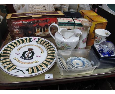 Nine XIX Century Hand Painted Dolls Dinner Plates, Aynsley ceramics, Army Medical Corps plates, glassware, etc:- One Tray 