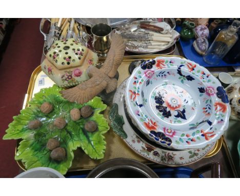 Bretby Walnut Dish, XIX Century imari pattern plate, pair of Crown Devon plates, Cries of London, etc:- One Tray.