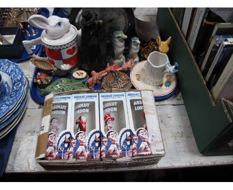 Wade White Rabbit Novelty Teapot, Wade Sandeman Port decanter, Wade Collectables, Pinky and Perky saucer, 1930's oak cased ma