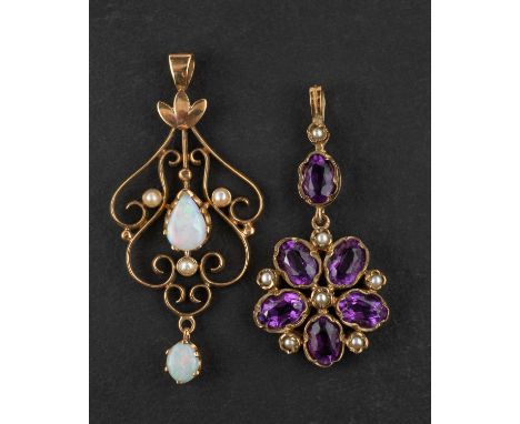 Two 9ct gold, gemset pendants, including an opal and seed pearl pendant; and an amethyst and seed pearl flowerhead pendant, w