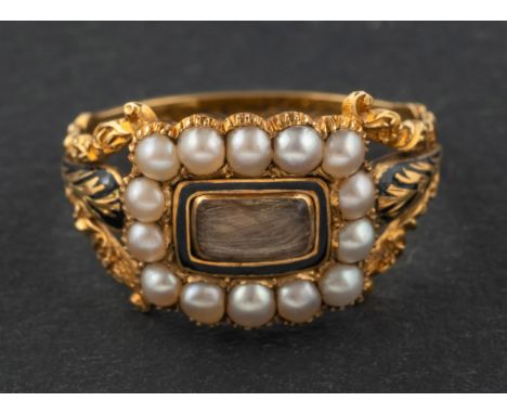 A 19th century, 18ct gold, black enamel, seed pearl and hairwork mourning ring, with indistinct hallmarks, length of ring hea