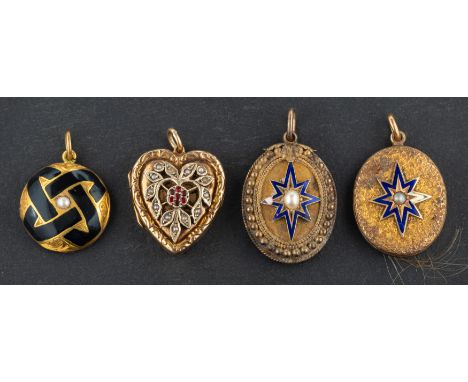 Four locket pendants, including a 9ct gold, seed pearl and garnet, heart-shaped pendant; a Victorian, seed pearl and black en