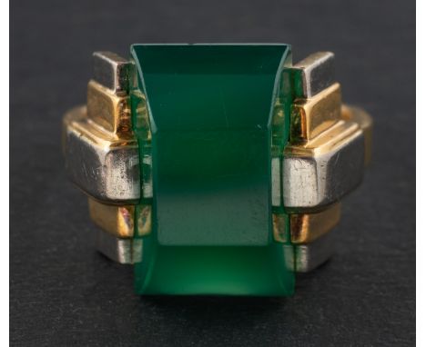 A rectangular, faceted chrysophrase ring, with French control marks for 18ct gold, length of ring head ca. 1.8cm, ring size Q