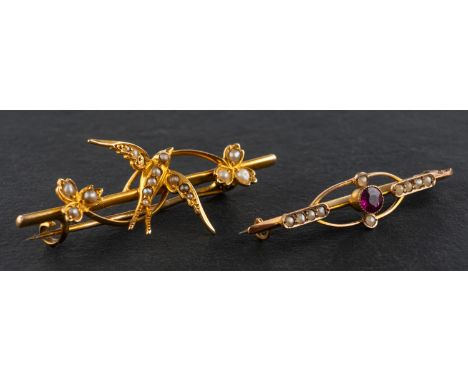Two seed pearl, openwork, bar brooches, including an Edwardian, 9ct gold garnet brooch, and a swallow brooch, stamped '15CT',