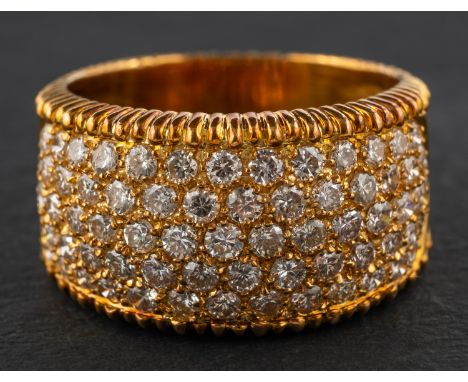 A round, brilliant-cut diamond, bombe ring, total estimated diamond weight ca. 1.75ct, stamped '18CT', height of ring head ca
