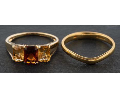 A 18ct gold 'wishbone' ring, ring size O, weight ca. 2.3gms,  together with a 9ct gold octagonal, mixed-cut citrine, three-st