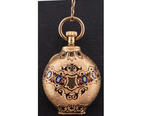 A Victorian urn shaped 18ct gold and enamel watch and chain, previously owned by contralto Dame Clara Butt, the dial with bla