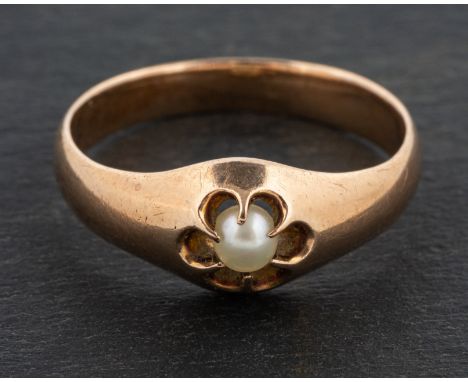 A cultured pearl ring, the cultured pearl is of light yellow hue with pinkish overtones, diameter ca. 3.5mms, length of ring 
