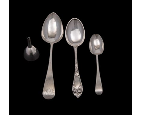 A Nils Hansen of Norway .830 silver tablespoon with cast rose decoration, an Old English pattern serving spoon by Thomas Wall