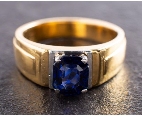 An octagonal, step-cut synthetic sapphire, single-stone ring, length of ring head ca. 0.8cm, ring size S, total weight ca. 13