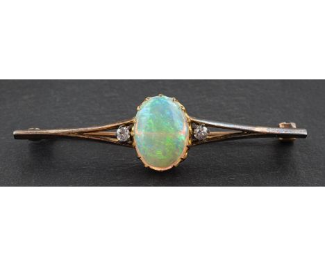 An oval, cabochon-cut opal and old-cut diamond bar brooch, estimated opal weight ca. 1.25cts, total estimated diamond weight 