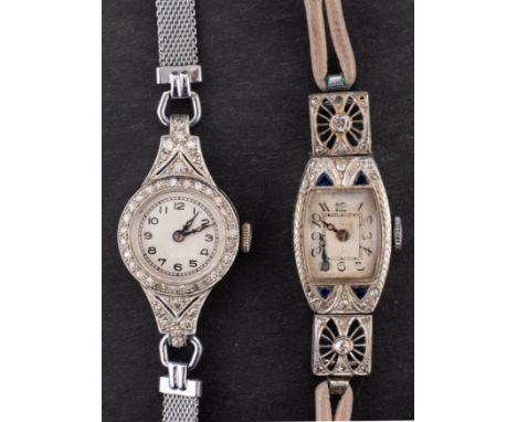 Rolex, a lady's 18ct white gold diamond and sapphire-set cocktail watch with the cushion dial having Arabic numerals and blue