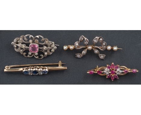 Four gemset brooches, including a sapphire and diamond bar brooch, total estimated diamond weight ca. 0.10ct; a synthetic rub