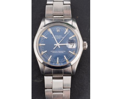 Rolex Oyster Perpetual Date, a gentleman's stainless steel wristwatch the royal blue dial having raised baton numerals, baton
