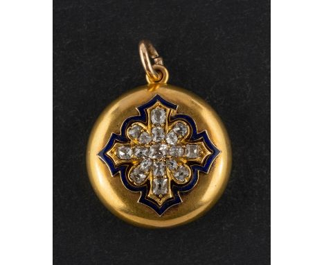 A single and old-cut diamond locket, the diamonds in cruciform design within blue enamel surround, total estimated diamond we