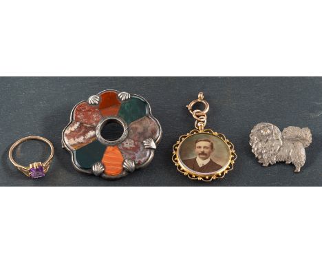 A small collection of jewellery, including an amethyst ring, stamped '9CT', ring size P; a portrait pendant, stamped indistin