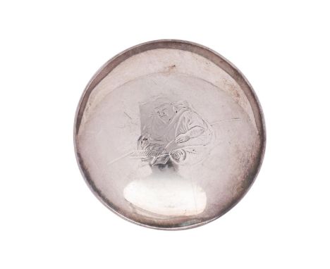 A Chinese pedestal dish, stamped marks, of plain circular form, the centre decorated with a figure with a fish and abacus, on