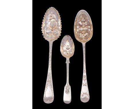 Three various silver berry spoons; George II, George III and Victorian, makers J. King, London 1741, Jas Jones London 1769 an